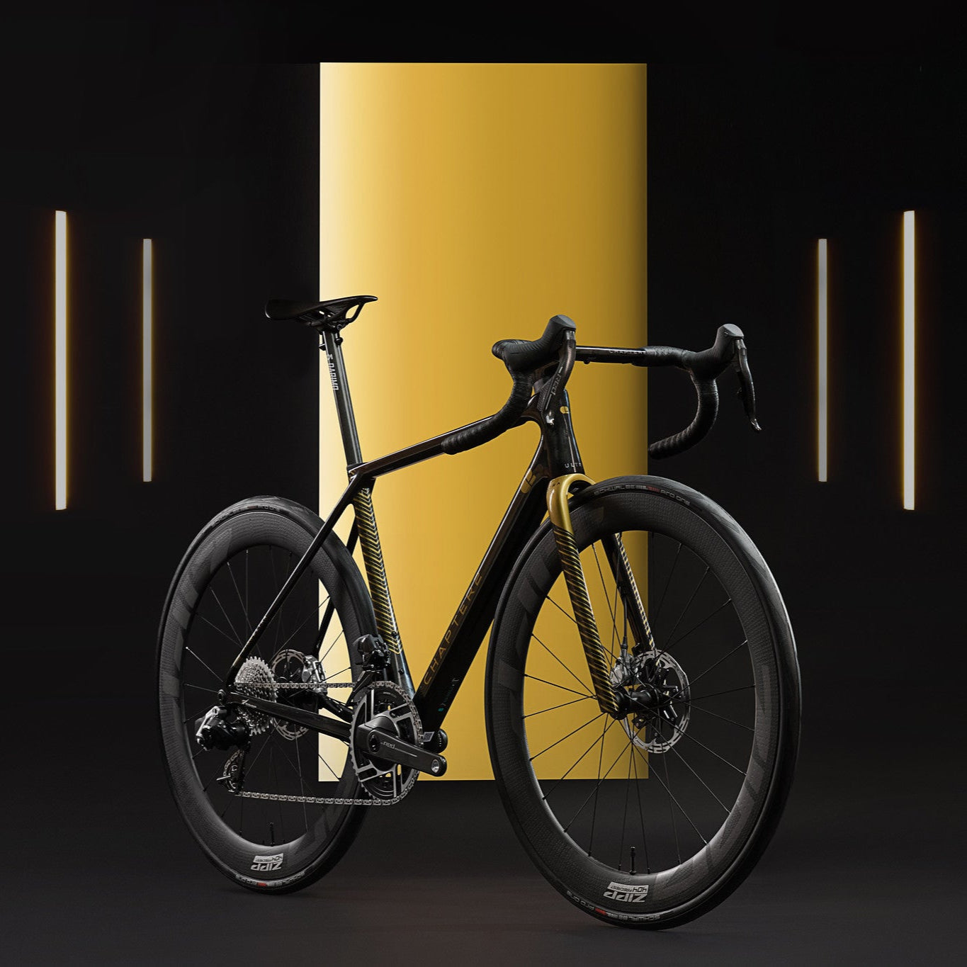 Black bicycle on a dark background with a yellow cylindrical object and vertical lights.