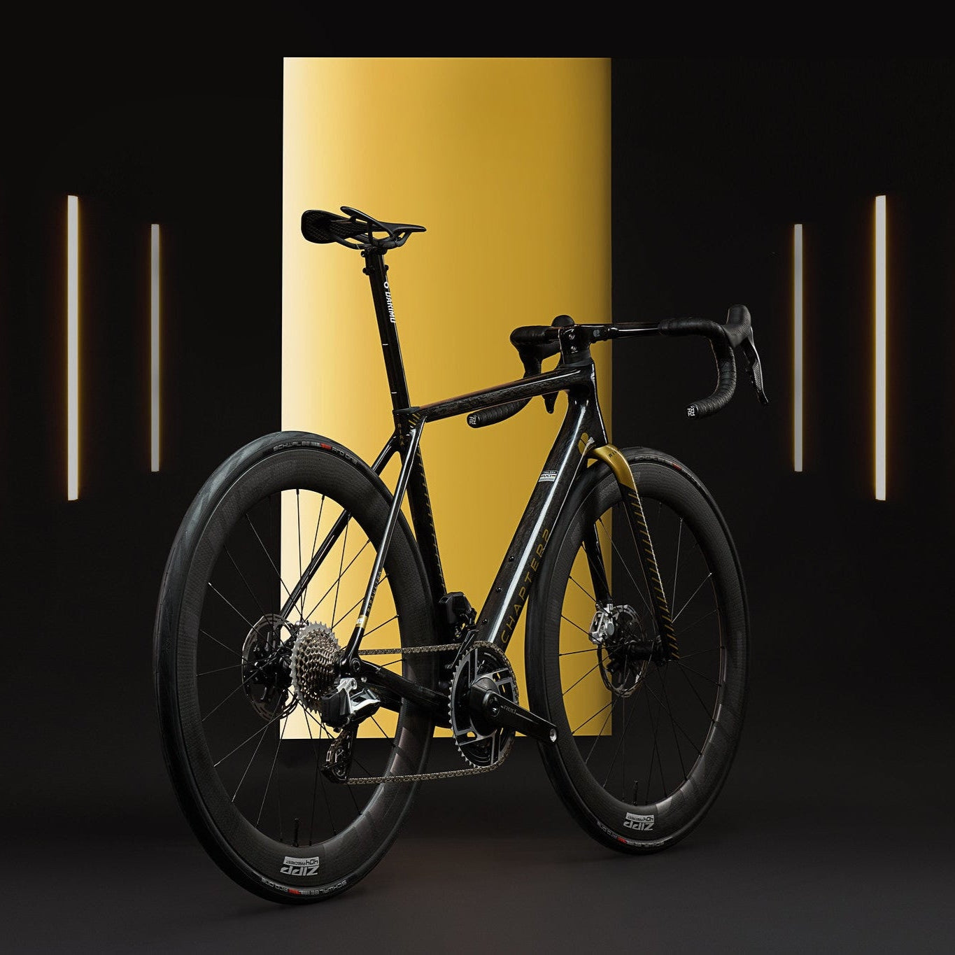 Black bicycle against a dark background with vertical light fixtures